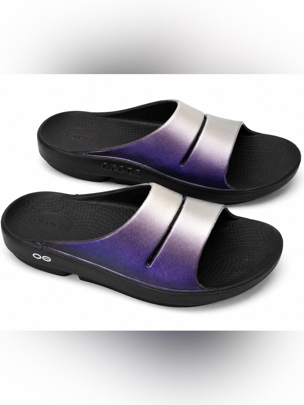 OOFOS OOahh Unisex Luxe Recovery Purple And Black Slide Sandals US W8-M6 EU